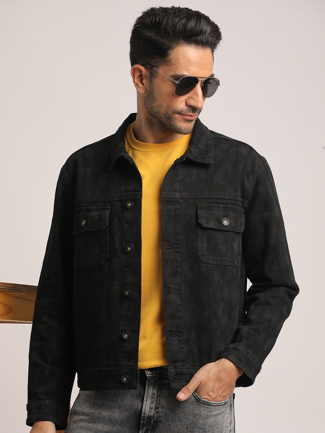 EVERBLUE Men Classic Black Cotton Stretch Denim Jacket