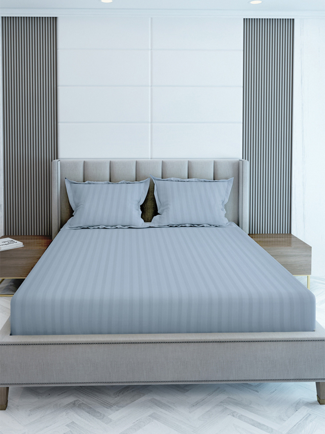 LABHAM Simple Living Grey Striped Cotton 210 TC King Superfine Bedsheet with 2 Pillow Covers-108 x 108 inches