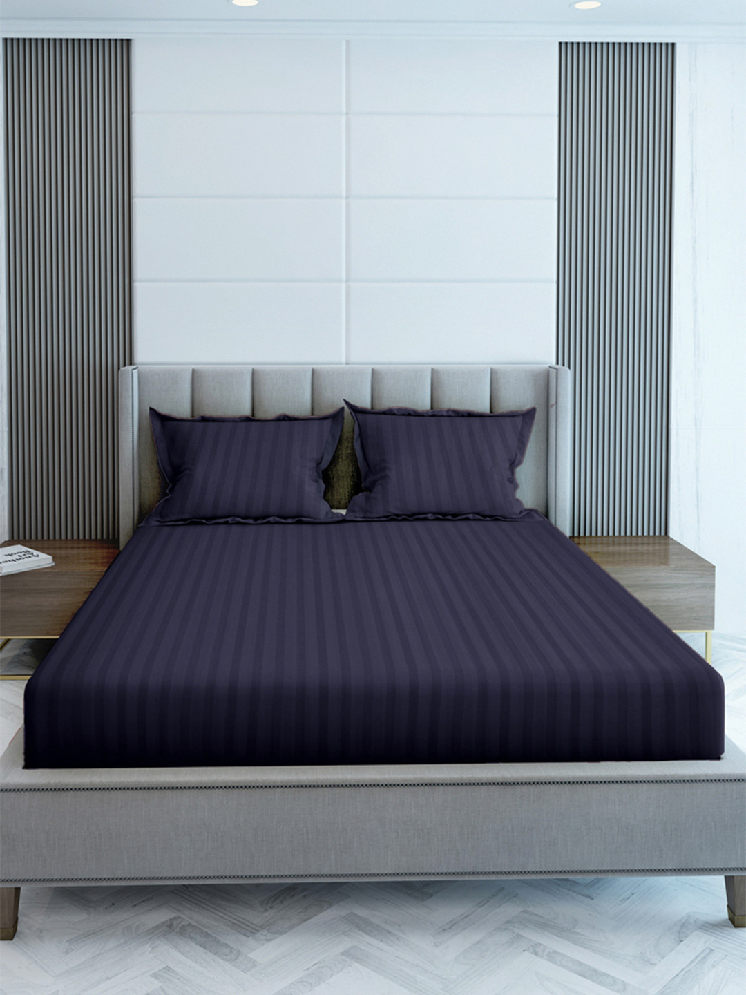 LABHAM Simple Living Blue Striped Cotton 210 TC Fitted King Fine Bedsheet with 2 Pillow Covers-108 x 108 inches