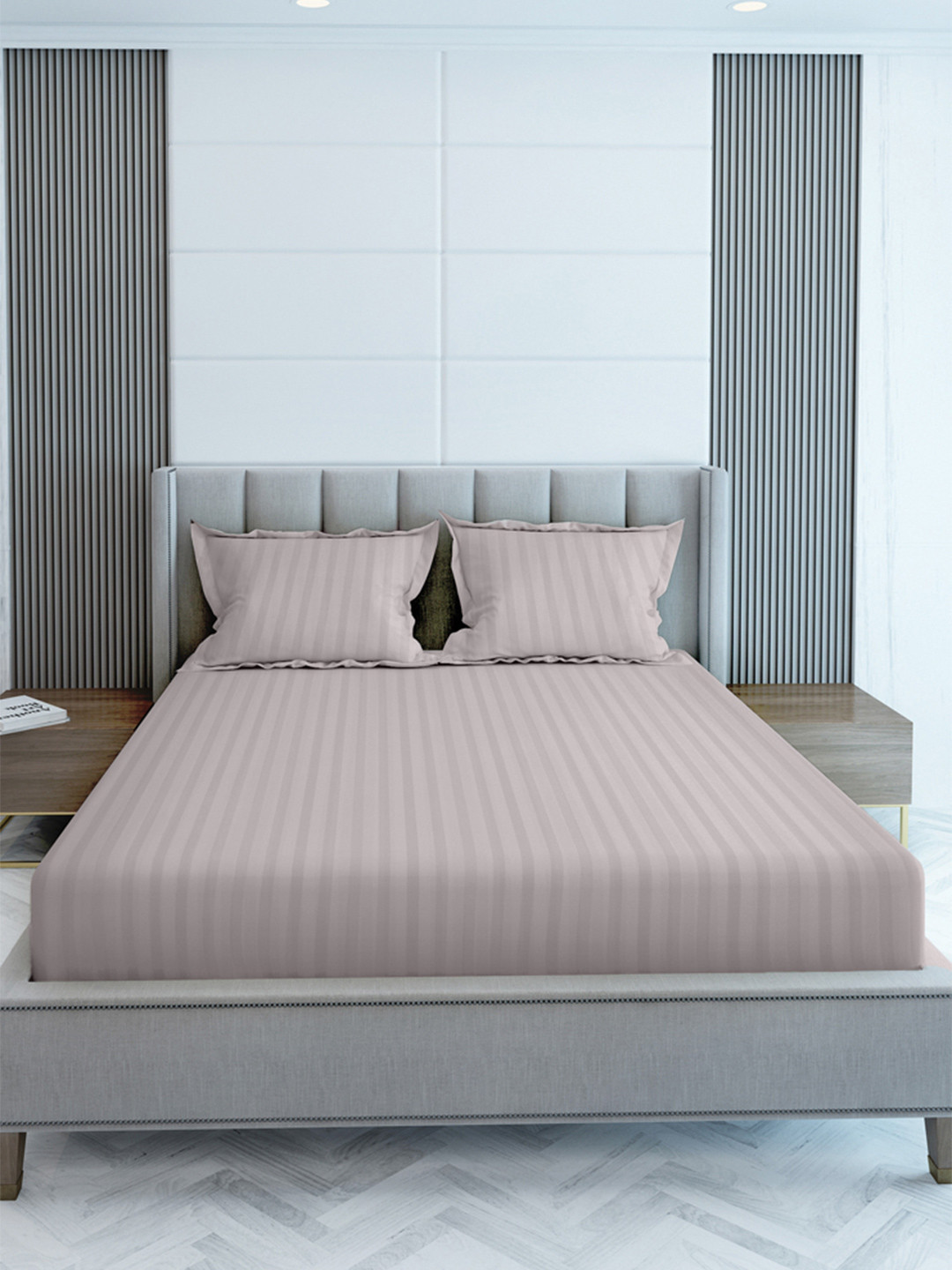 LABHAM Simple Living Grey Striped Cotton 210 TC King Fine Bedsheet with 2 Pillow Covers-108 x 108 inches