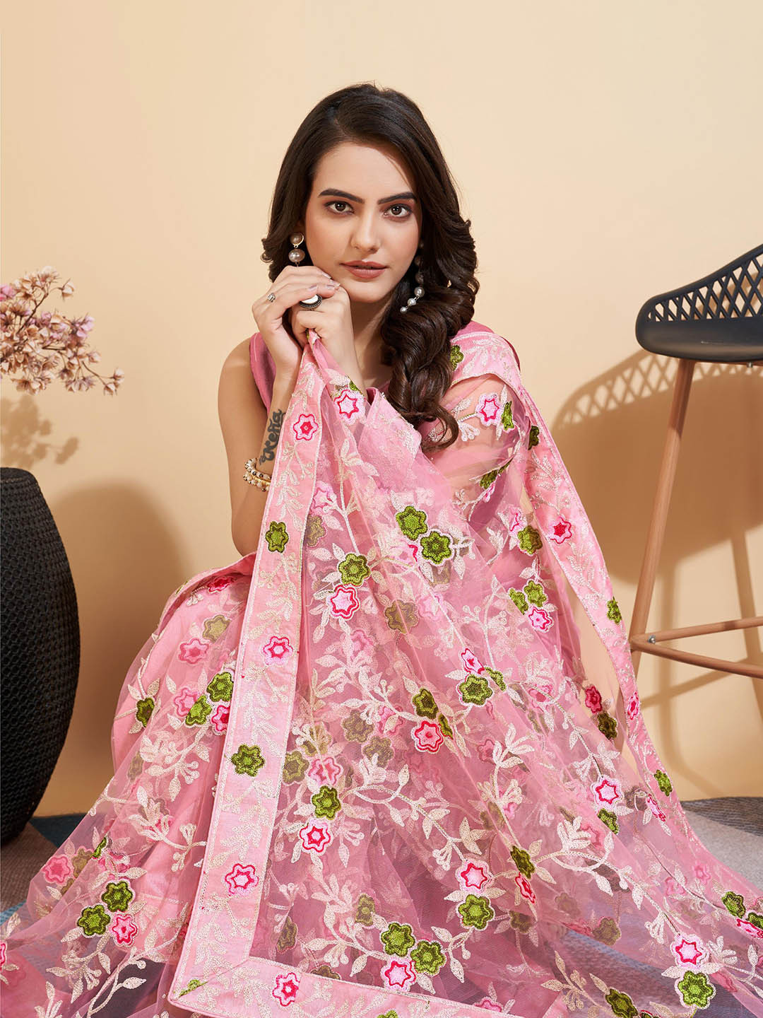 HERE&NOW Mauve & Green Floral Embroidered Net Saree