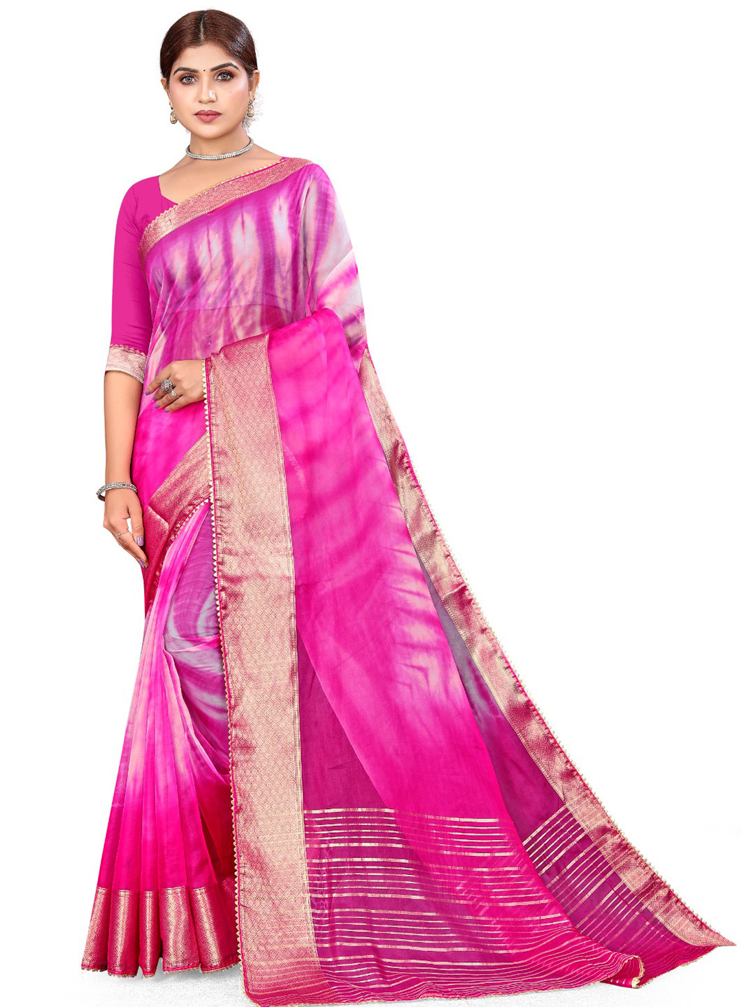 Pemal Designer Printed Tie and Dye Zari Organza Saree