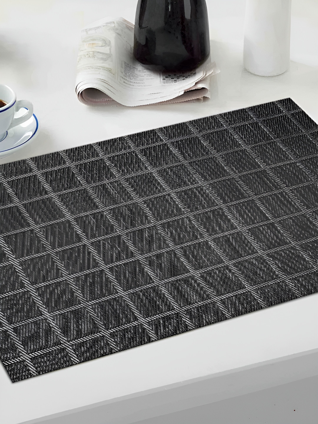 OBSESSIONS Grey 6 Pieces Checked Pattern Textured Waterproof Table Placemats