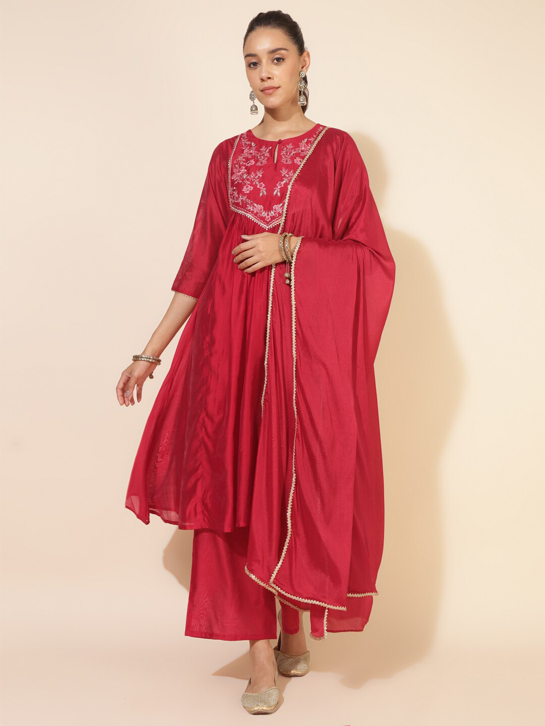 Janasya Red Ethnic Motifs Embroidered Empire Anarkali Sequinned Kurta & Palazzos & Dupatta