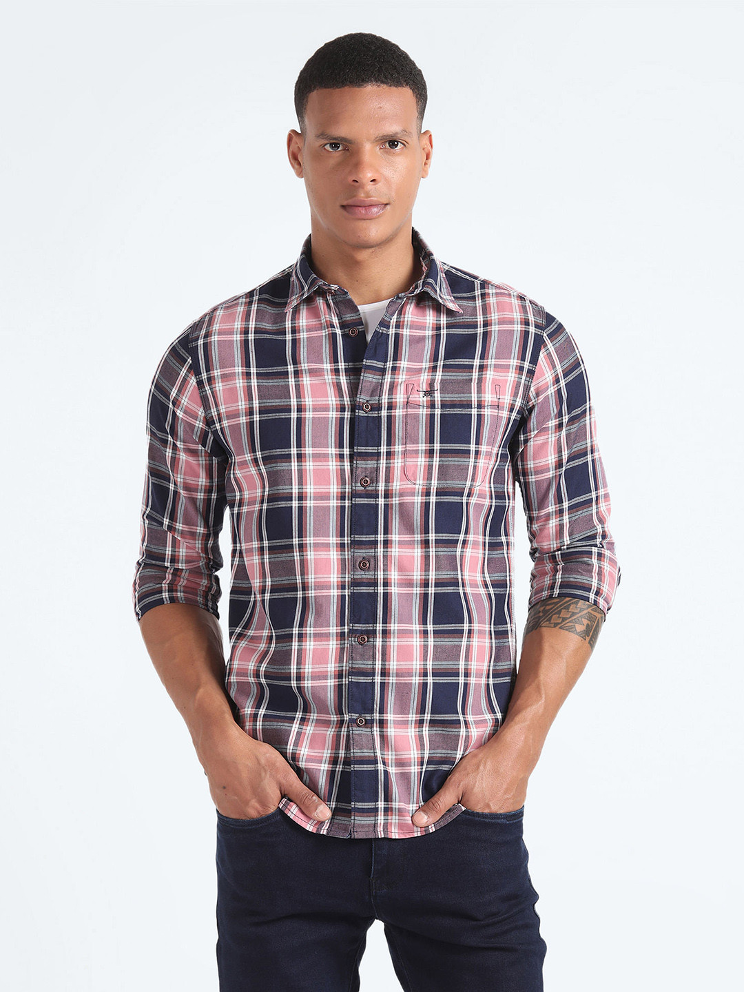 Flying Machine Checked Spread Collar Roll Up Sleeves Pure Cotton Slim Fit Casual Shirt