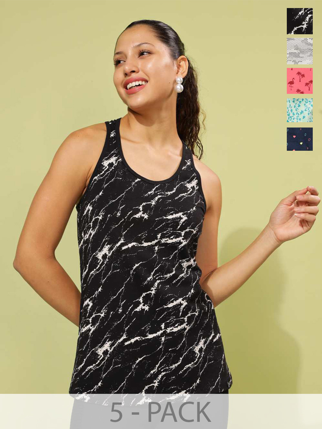 Dollar Women Pack of 5 Printed Cotton Super Soft Racer Back Tshirt