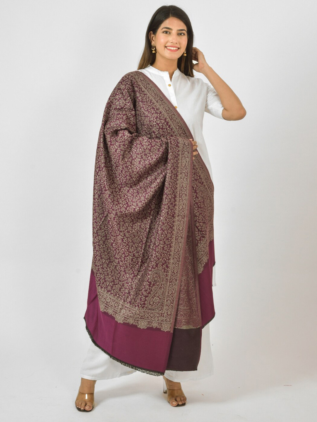 BAISA Floral Woven Design Acrylic & Wool Shawl