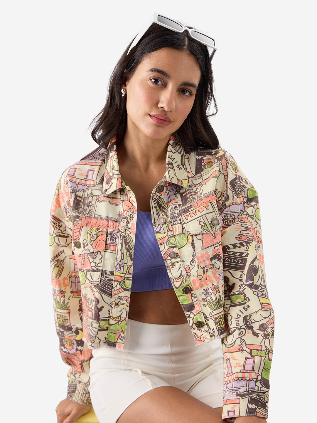 The Souled Store Yellow Conversational Printed Lightweight Crop Tailored Jacket
