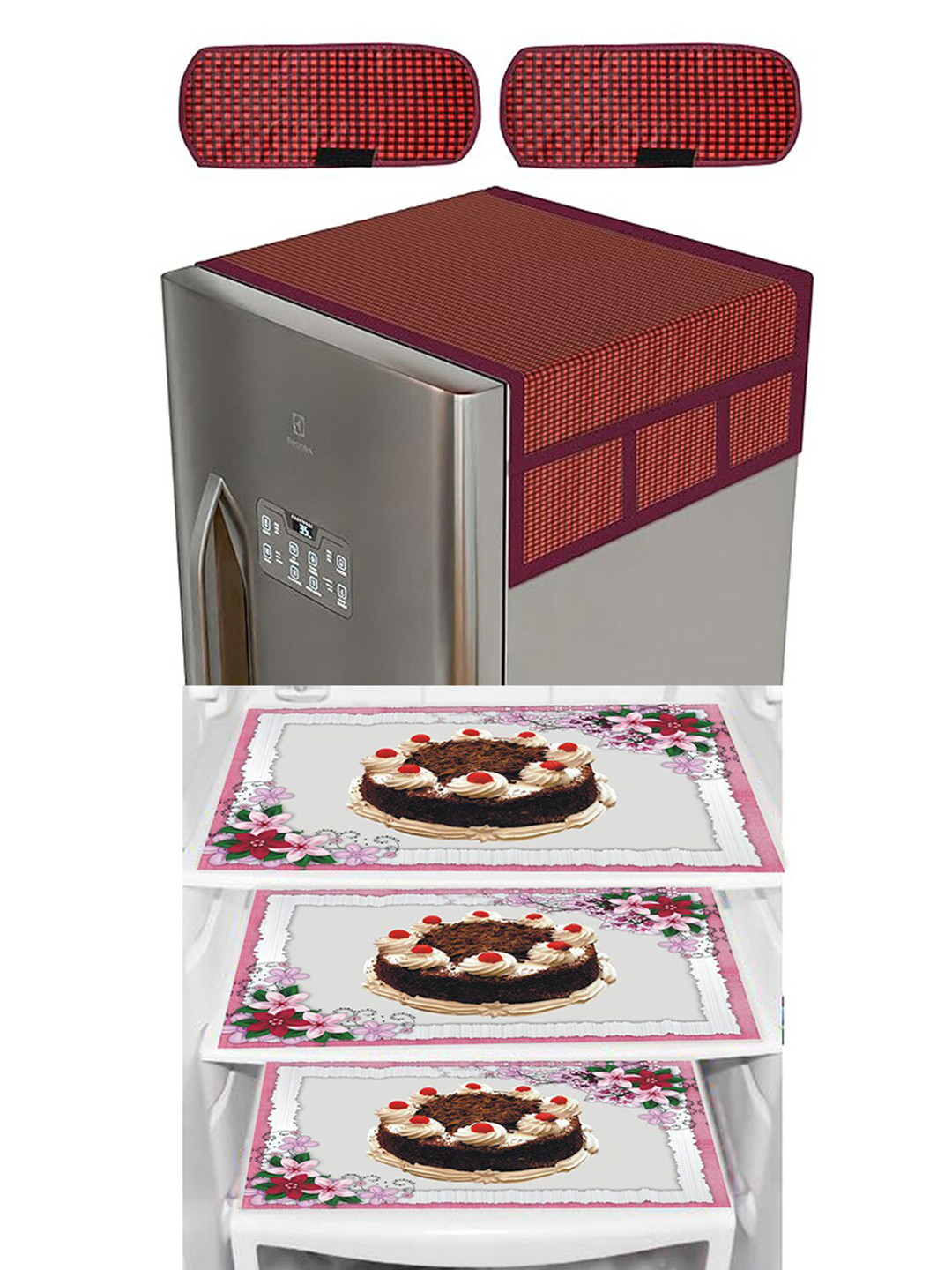 Dakshya Industries Maroon & Brown 6Pcs Checks Waterproof Refrigerator Cover & Fridge Mats