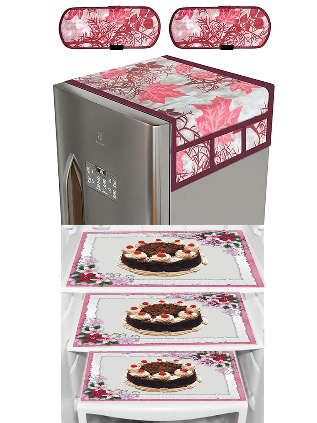 Dakshya Industries Pink  & White 6 Pieces Floral Printed Top Cover, Handle Covers & Mats