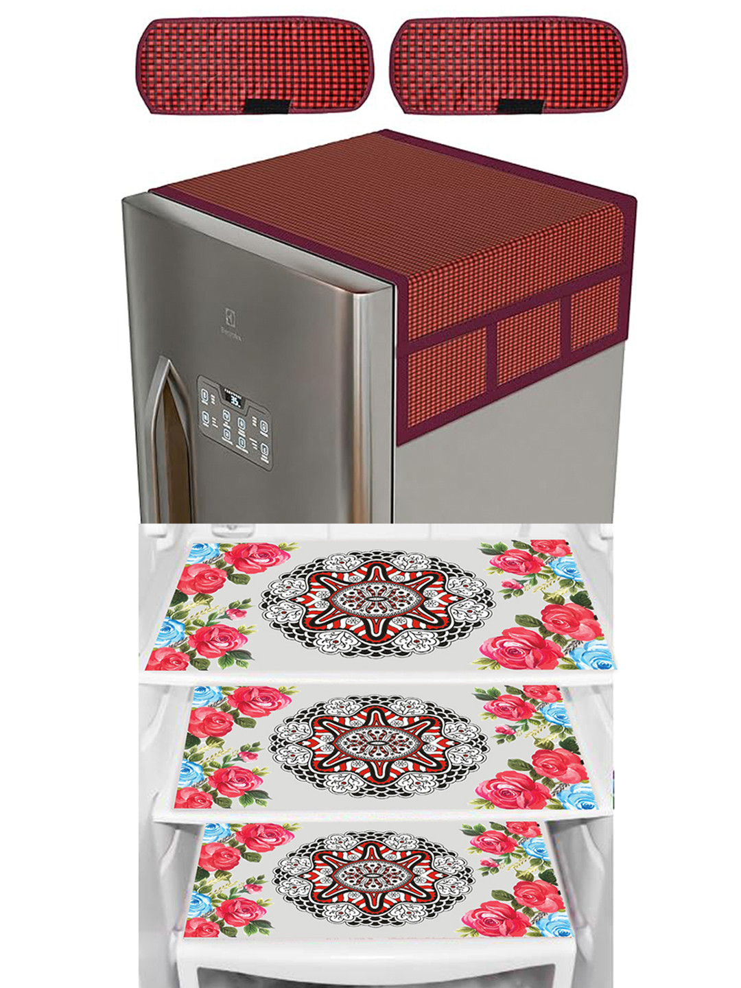 Dakshya Industries Maroon & Pink 6 Pieces Floral Printed Top Cover, Handle Covers & Mats