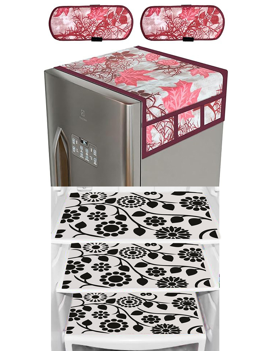 Dakshya Industries Maroon & White 6 Pieces Floral Fridge Top Cover, Handle Covers & Mats