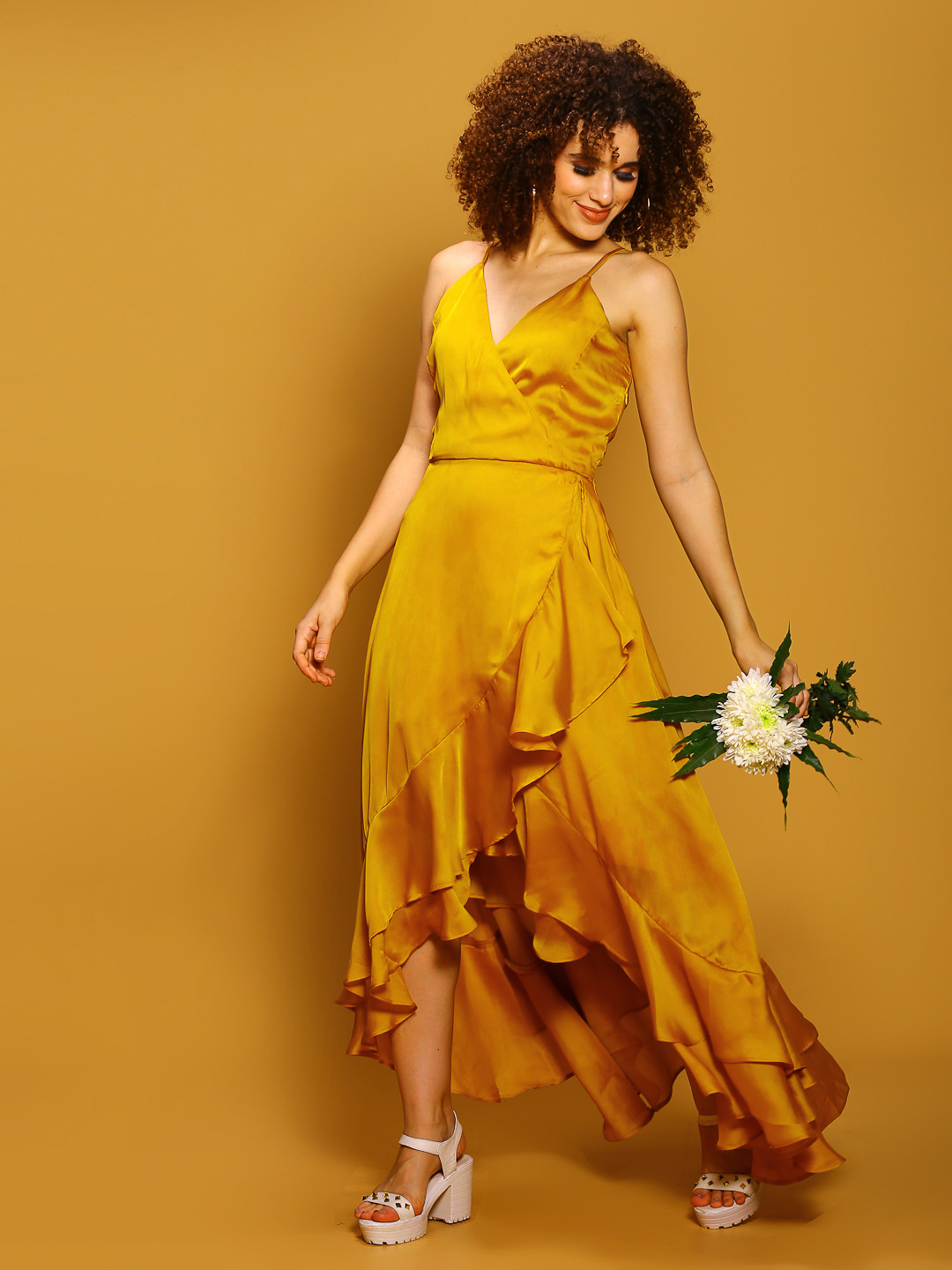 Sera Yellow Shoulder Straps Ruffled Satin Maxi Dress