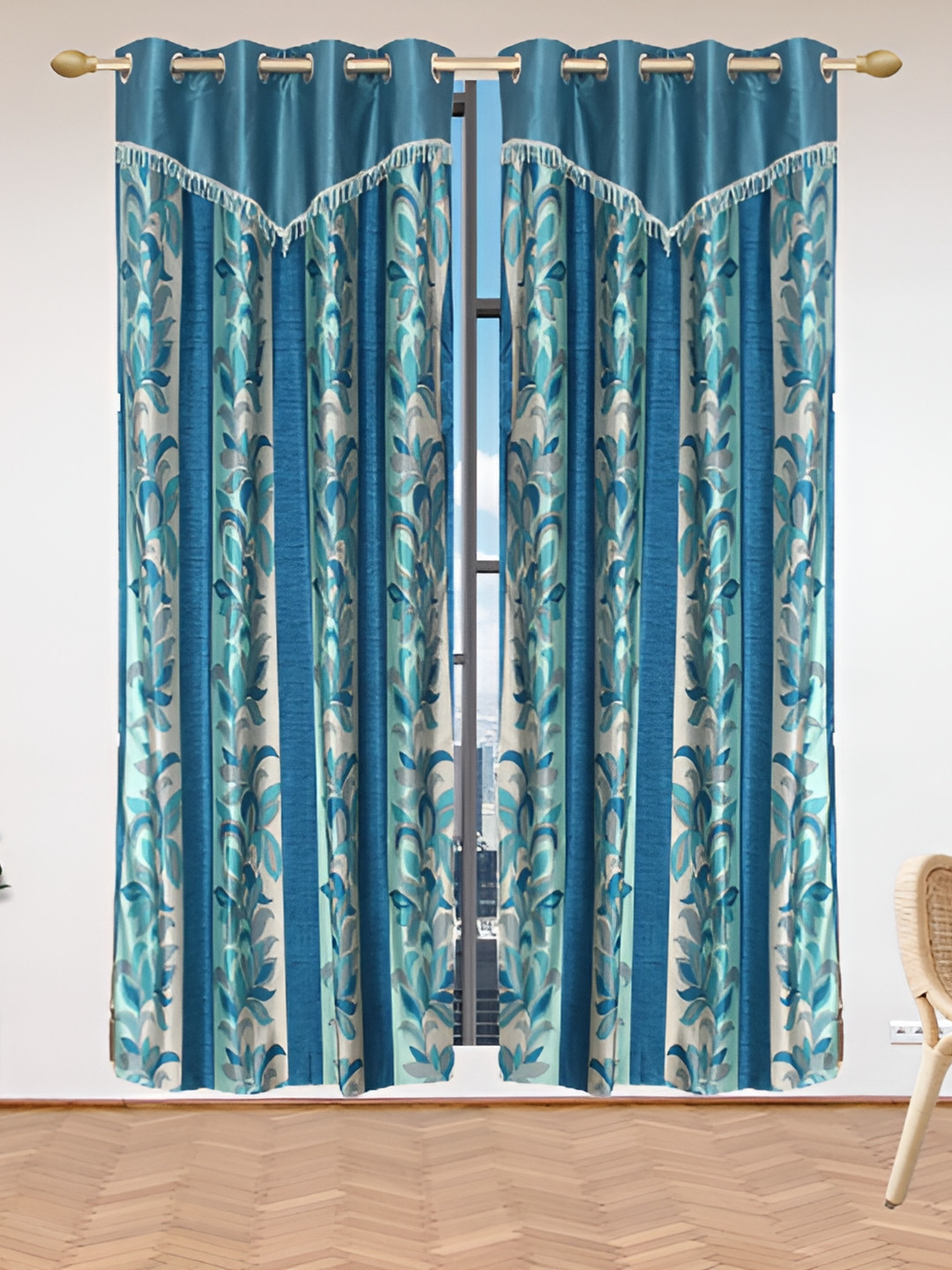 Stella Creations Blue 2 Pieces Floral Print Room Darkening Door Curtains