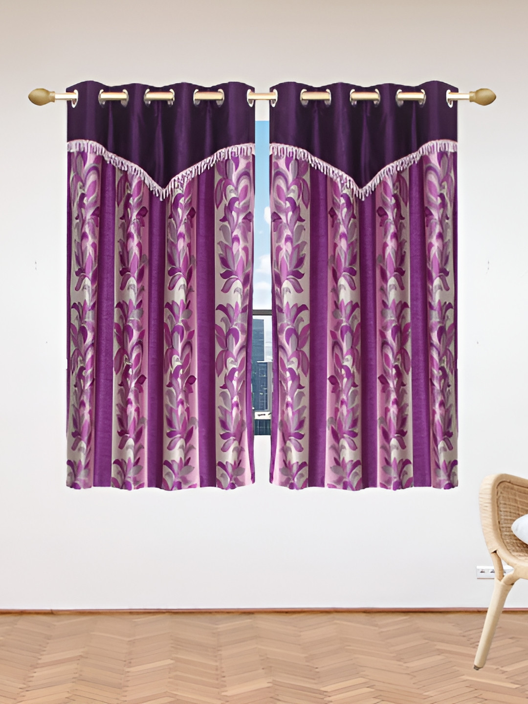 Stella Creations Purple 2 Pieces Floral Print Room Darkening Window Curtains