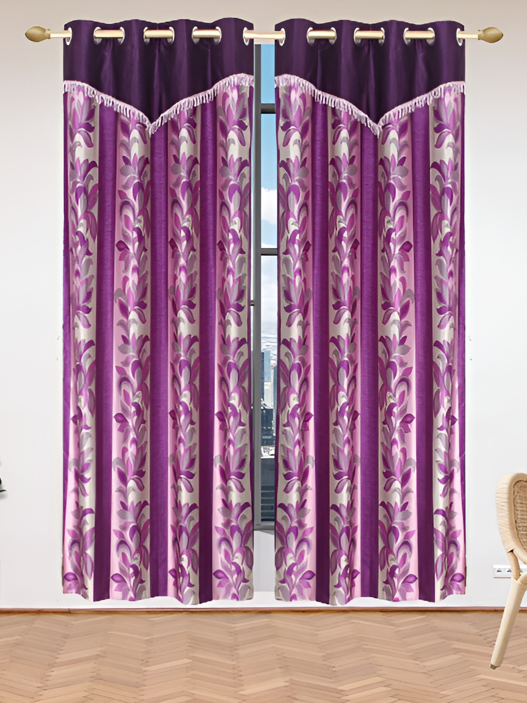 Stella Creations Purple 2 Pieces Floral Room Darkening Door Curtains