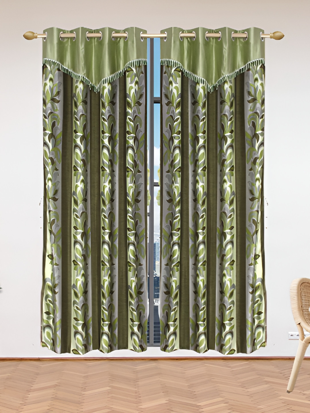Stella Creations Green 2 Pieces Floral Room Darkening Door Curtains