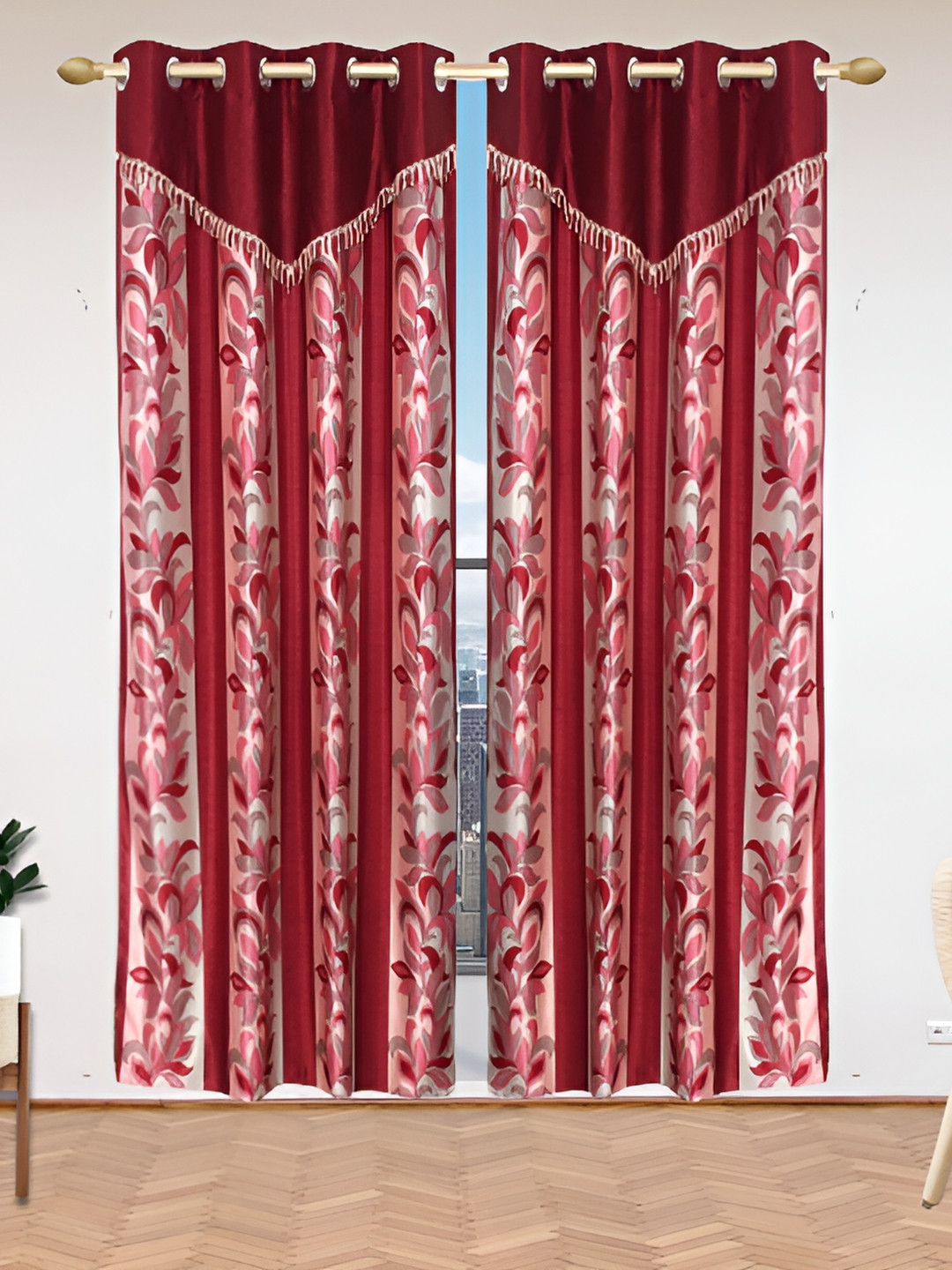 Stella Creations Maroon 2 Pieces Floral Room Darkening Door Curtains