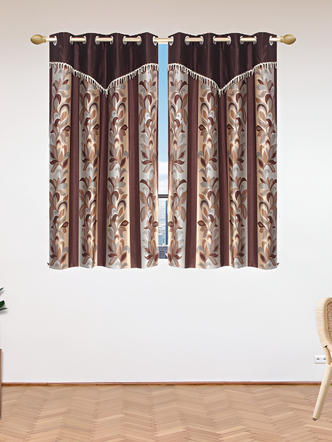 Stella Creations Brown 2 Pieces Floral Room Darkening Window Curtains