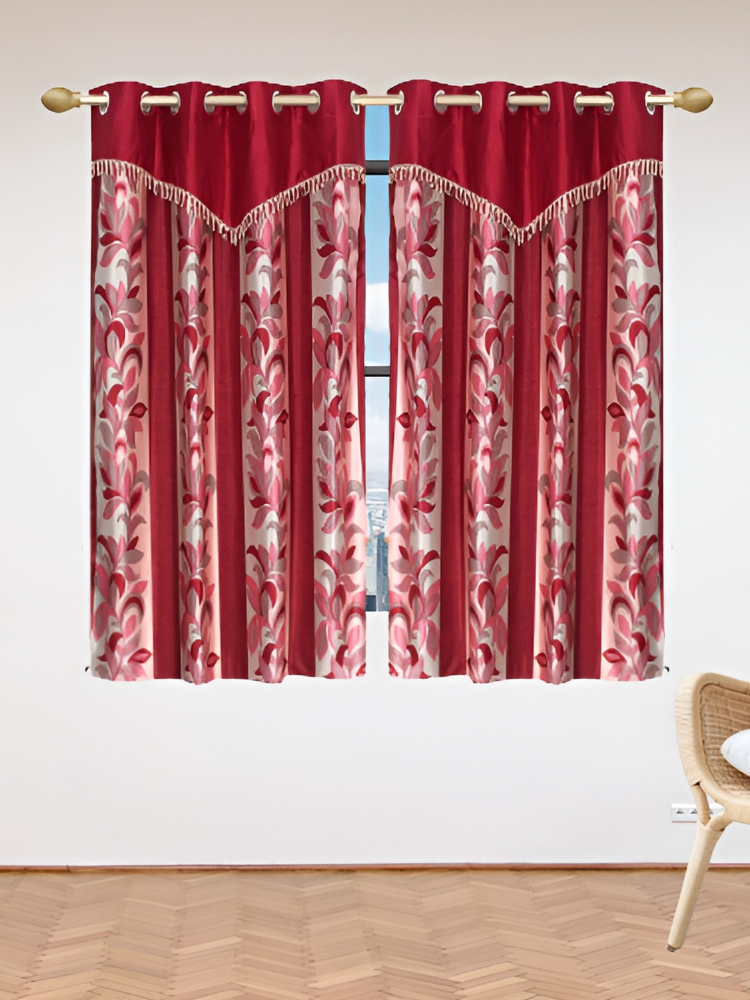 Stella Creations Maroon 2 Pieces Floral Print Room Darkening Window Curtains