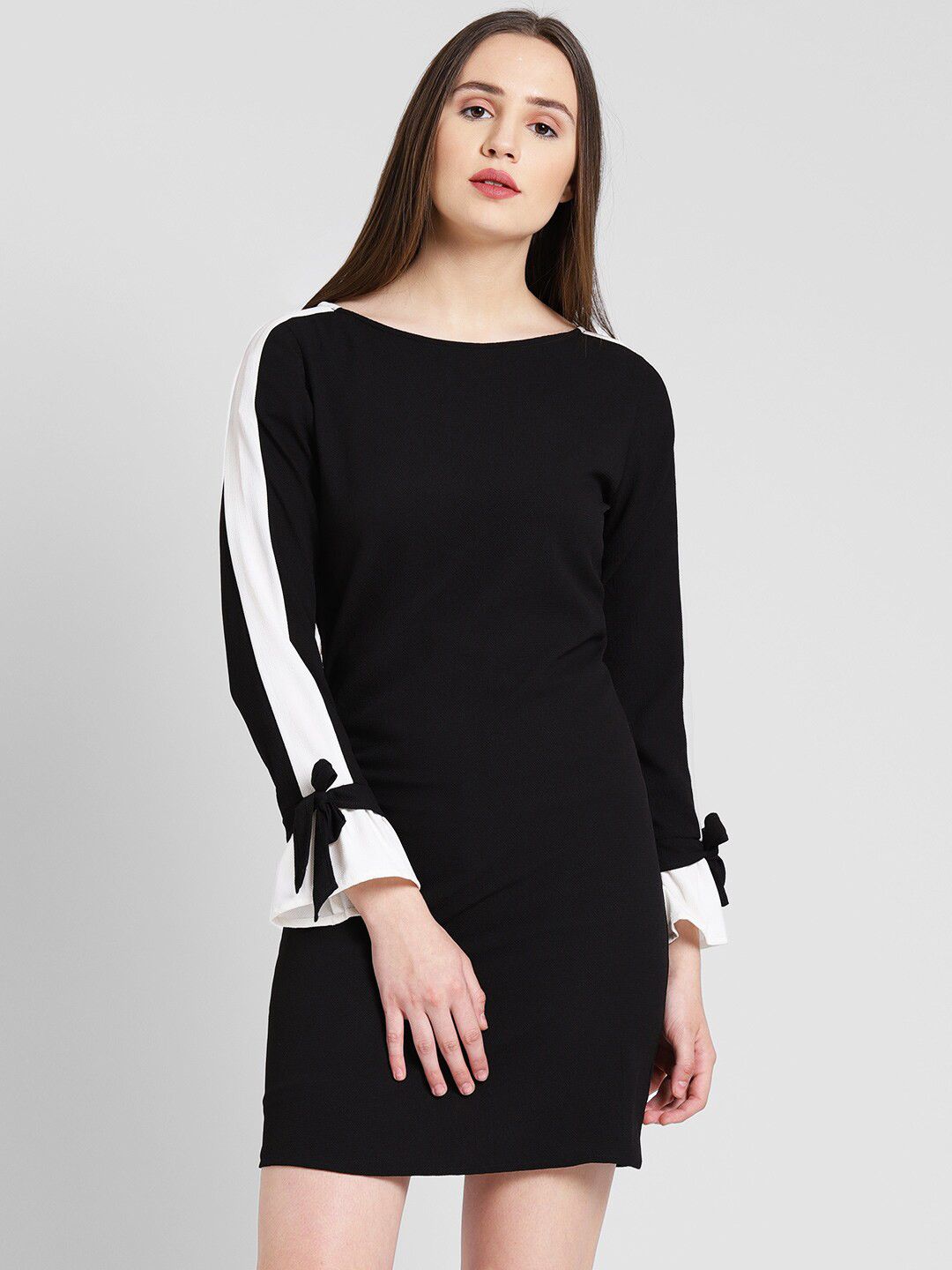 DODO & MOA Boat Neck Long Sleeves Georgette Sheath Dress