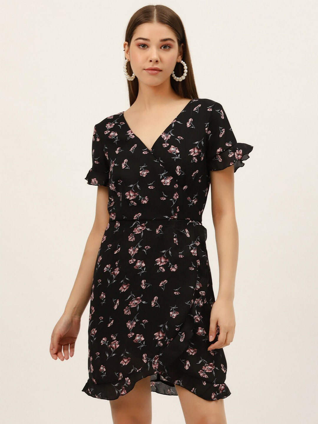 DODO & MOA V Neck Sort Sleeves Floral Print Flutter Sleeve Warp Dress
