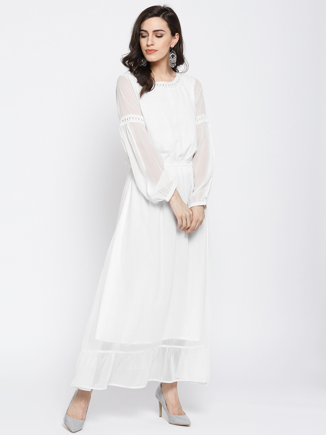 DODO & MOA Women White Round Neck Semi Sheer Flared Maxi Dress