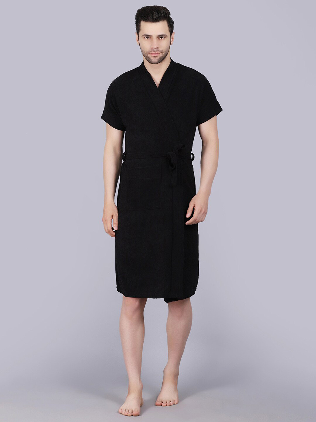 POORAK Black Solid Terrycloth Drawstring Mini Bath Robe
