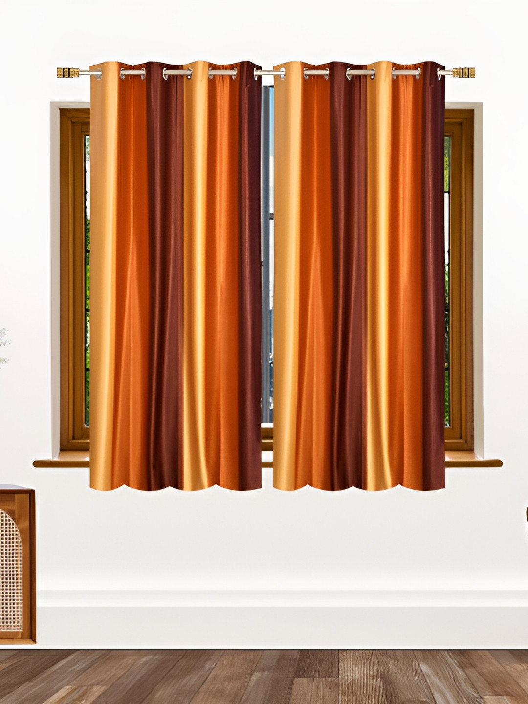 Stella Creations Yellow & Brown 2 Pieces Room Darkening Window Curtains