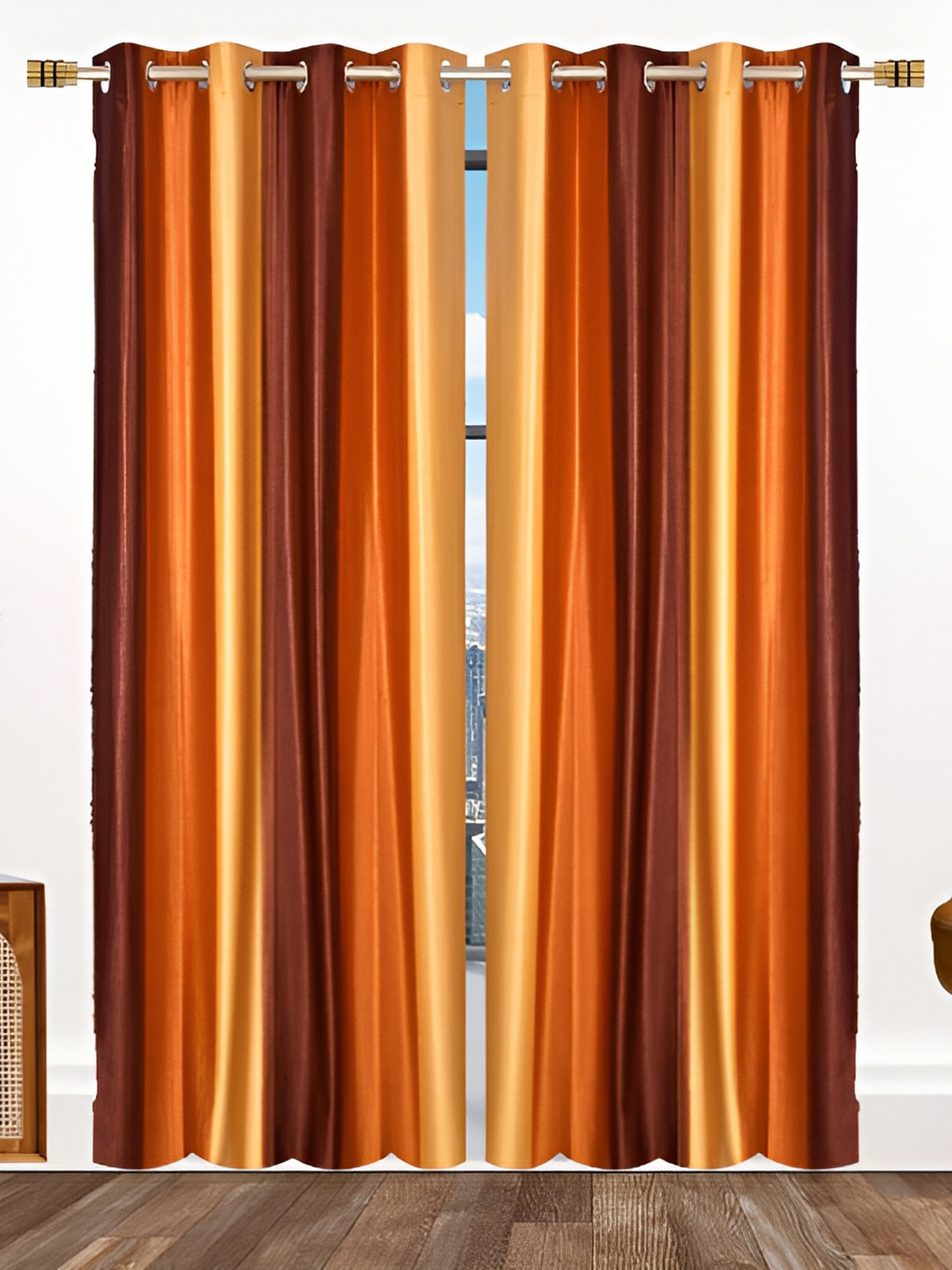 Stella Creations Yellow & Brown 2 pieces Room Darkening Long Door Curtains