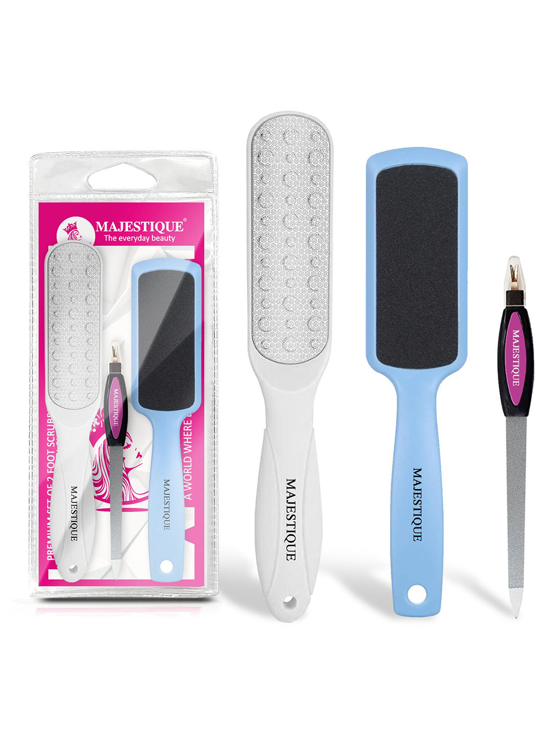 MAJESTIQUE Set of 3 Large Double-Sided Foot Scrubber With Nail Filer & Feet Cleaner