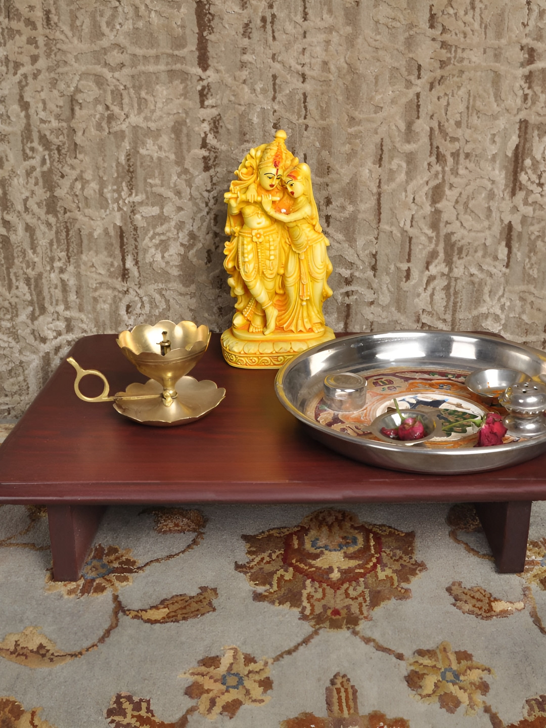 Lal Haveli Brown Rectangle Wooden Pooja Chowkie