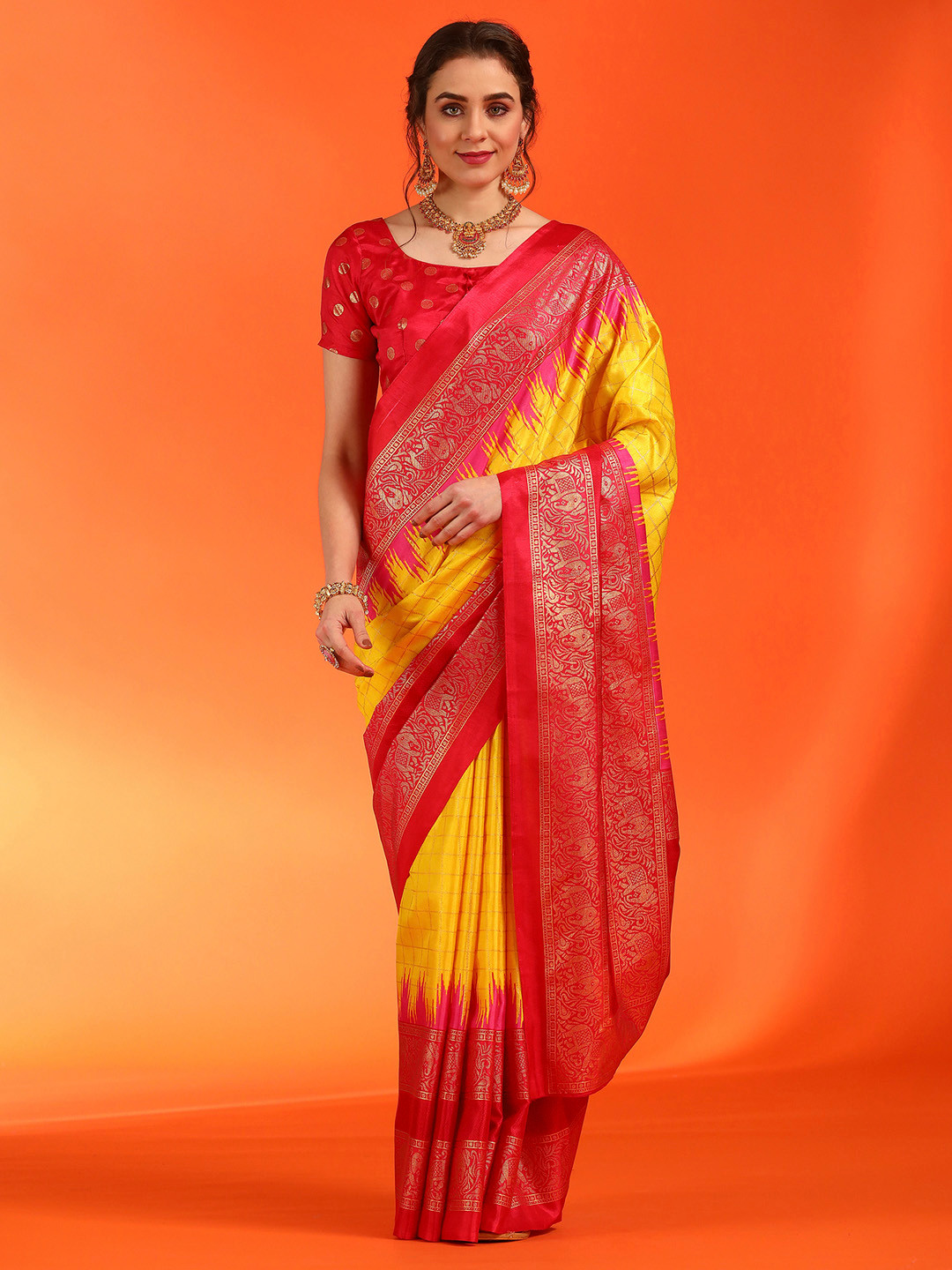 Saree mall Checked Zari Silk Blend Pochampally Sarees