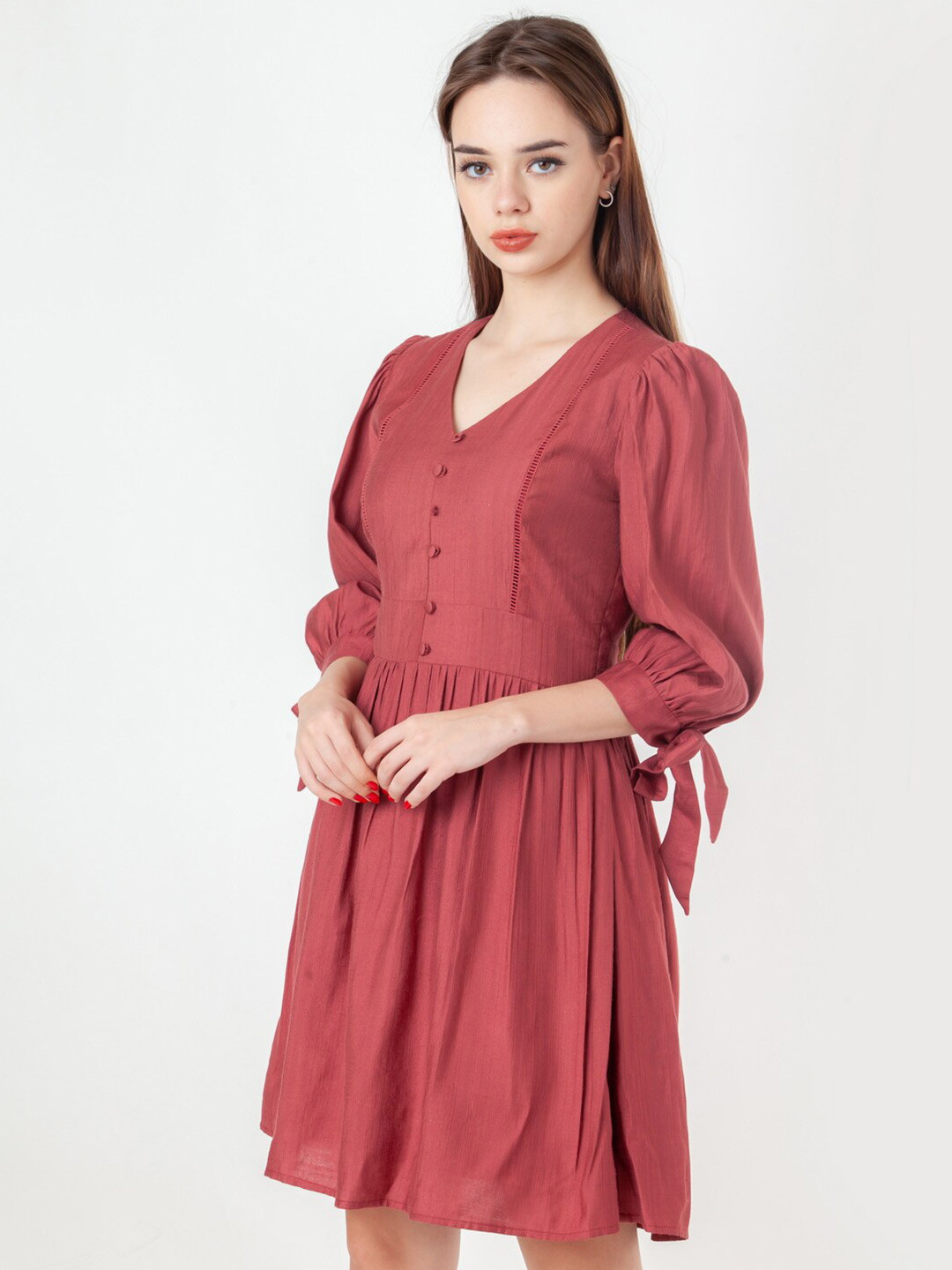 Zink London Women Rust Puff Sleeves Mini Fit & Flare Dress