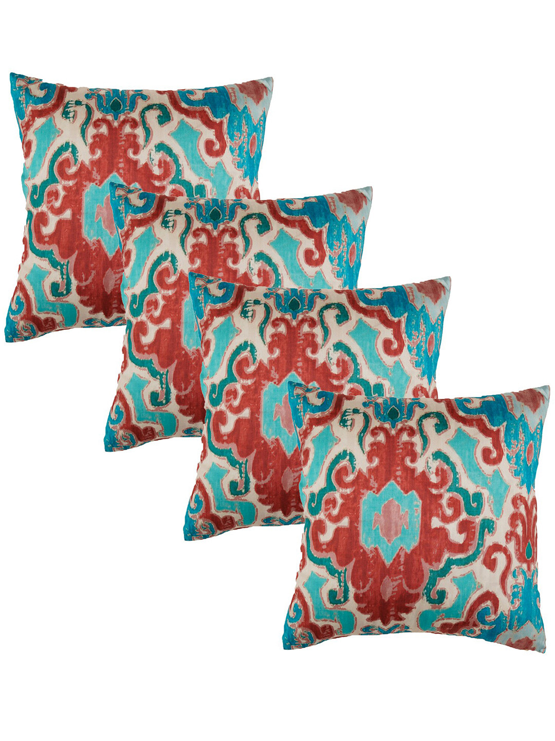 ZEBA Blue & Red 4 Pieces Ikat Printed Square Cushion Covers