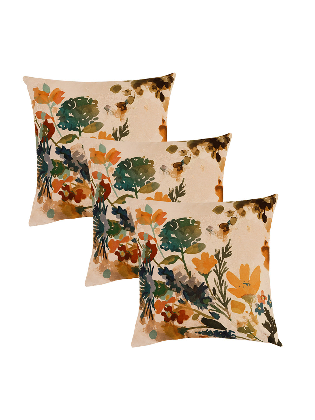 ZEBA Light-Weight Beige Floral Cotton Breathable 3 Piece Square Cushion Covers -16x16In