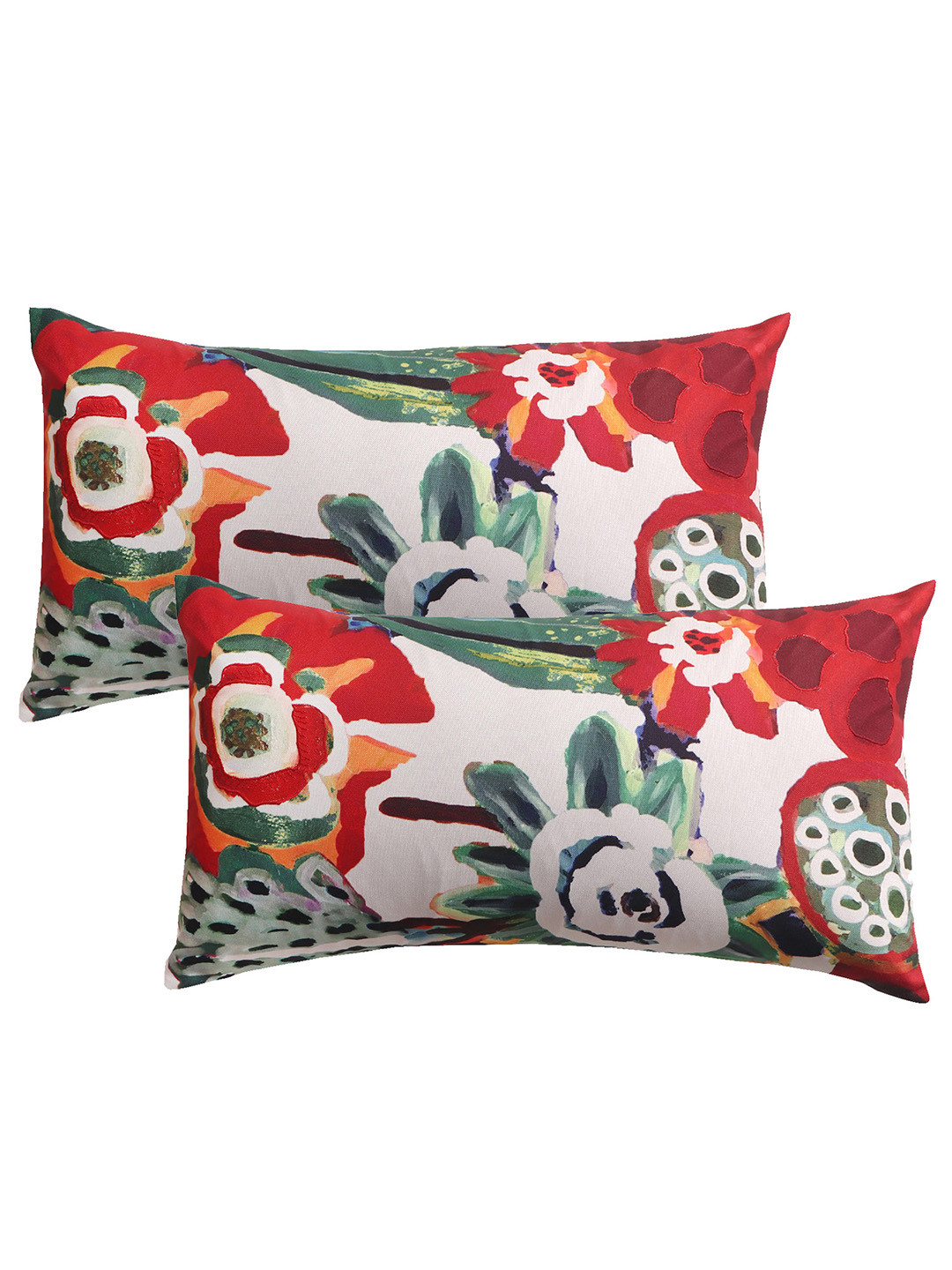 ZEBA White & Red 2 Pieces Floral Rectangle Pillow Covers