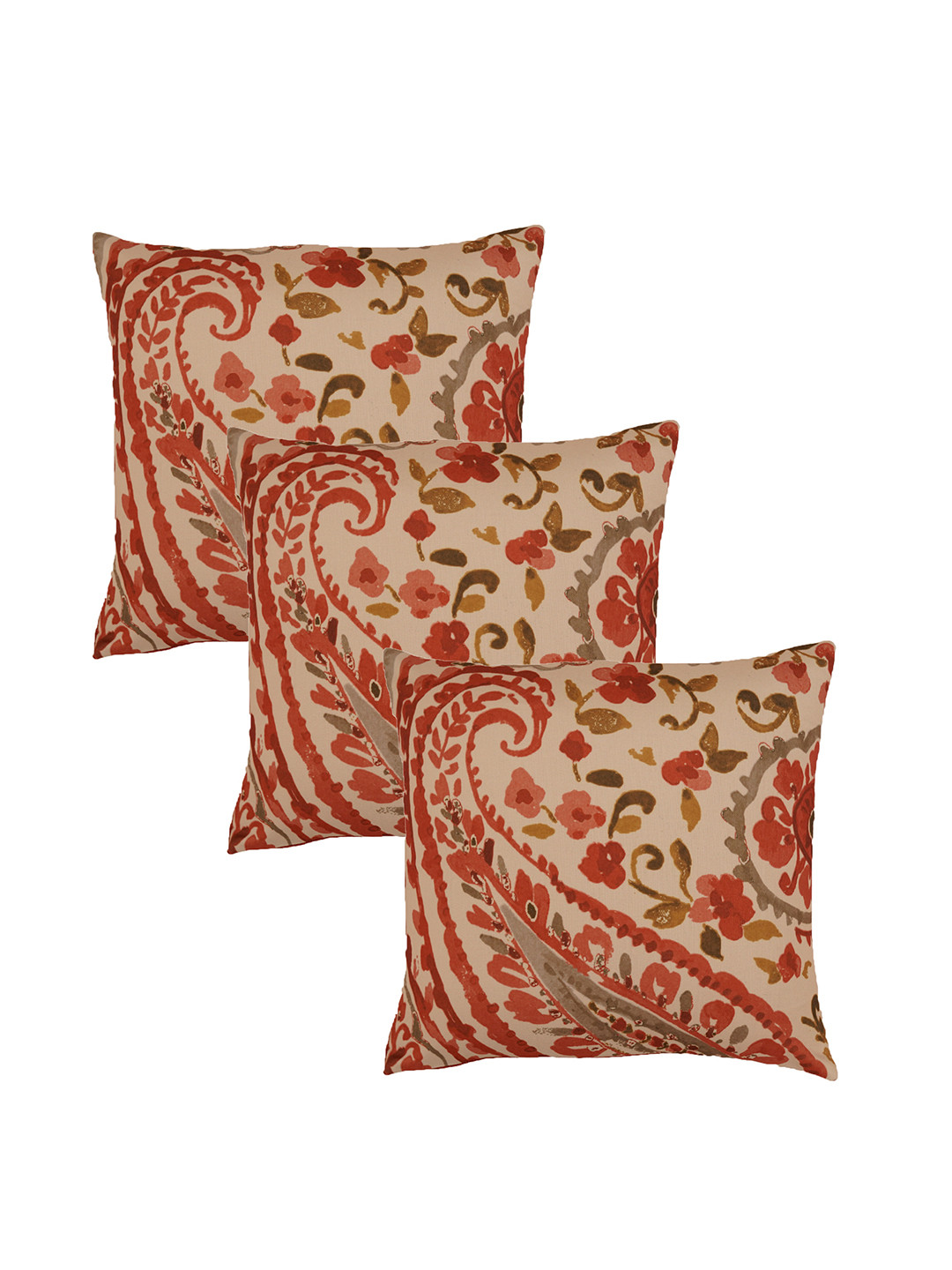 ZEBA Paisley Beige Floral Polyester Silk Lightweight 3 Pcs Square Cushion Covers -16x16In