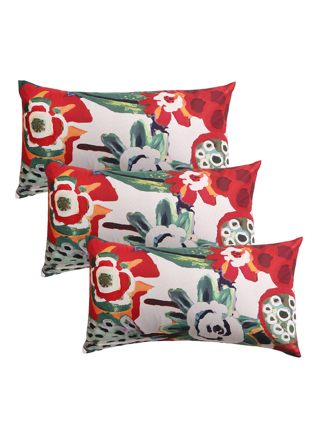 ZEBA White & Red 3 Pieces Floral Printed Rectangle Pillows Covers