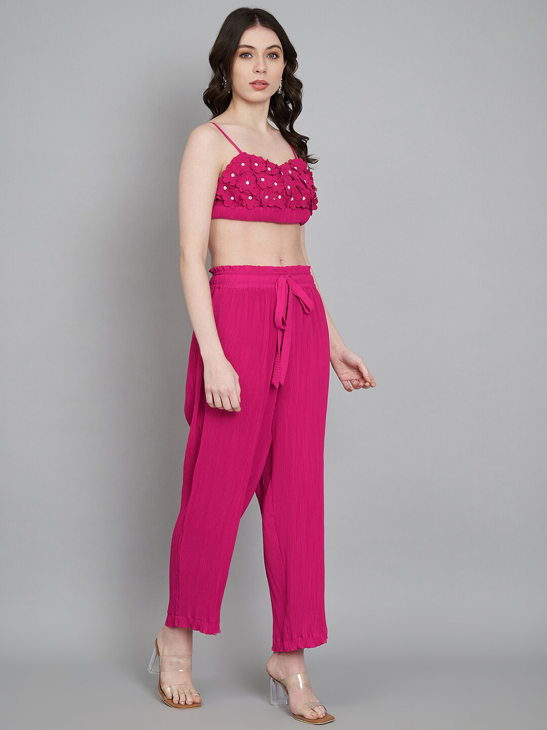 Amagyaa 3D Floral with Pearl Work Shoulder Straps Crop Top & Trouser Co-Ords