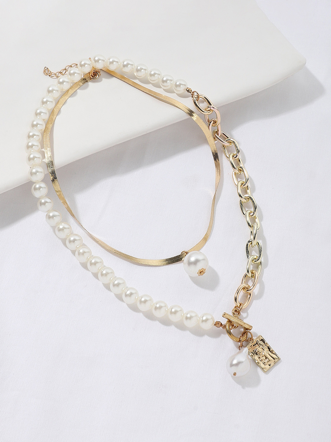 DressBerry Set Of 3 Gold-Plated Pearl Beaded Chains