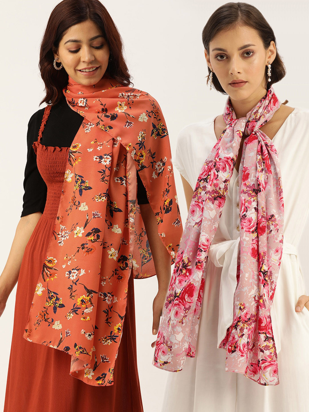 DressBerry Pink & Orange Pack Of 2 Printed Scarfs