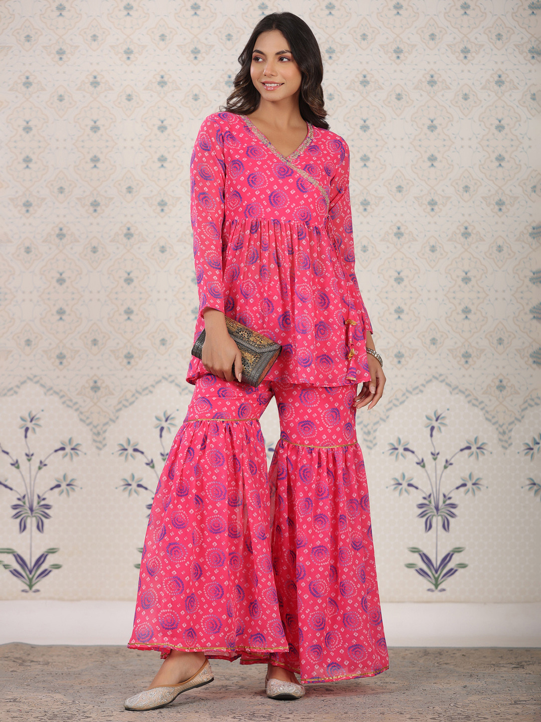 Ode by House of Pataudi Red Bandhani Printed Angrakha A-Line Kurti With Sharara