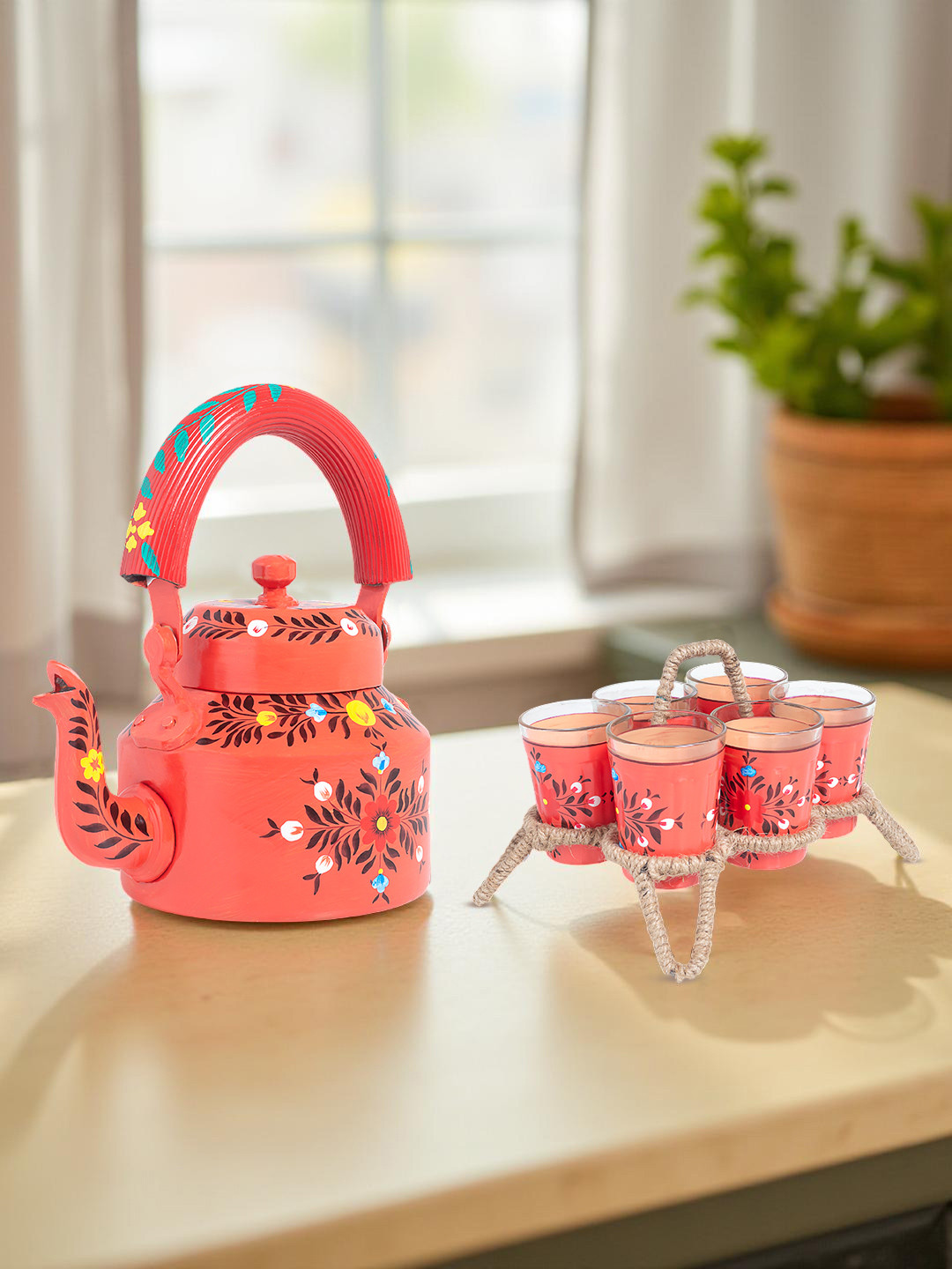 Golden Peacock 8 Pieces Red Floral Printed Kettle Glasses and  Holder