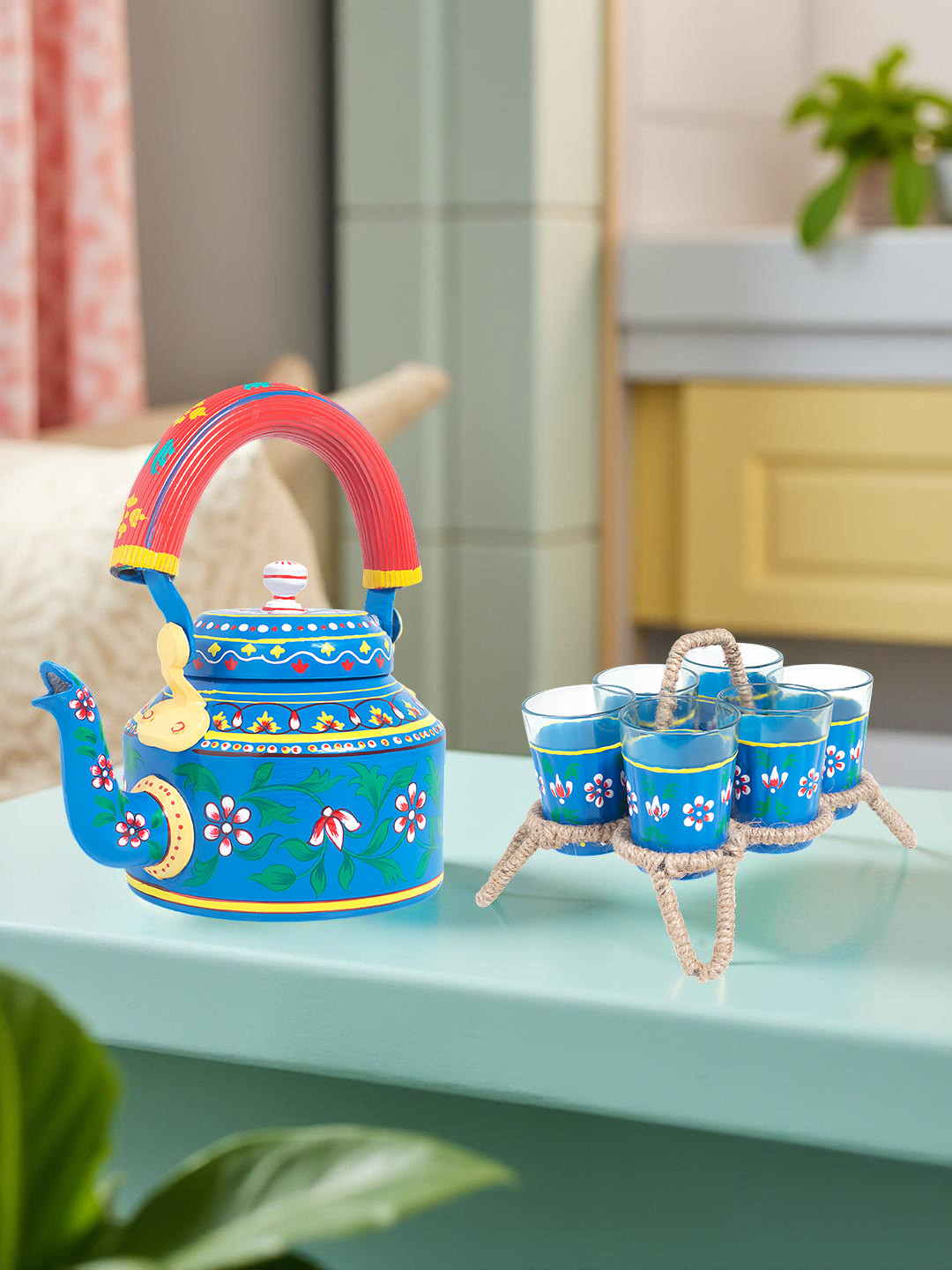 Golden Peacock 8 Pieces Blue Floral Printed Kettle Glasses and  Holder