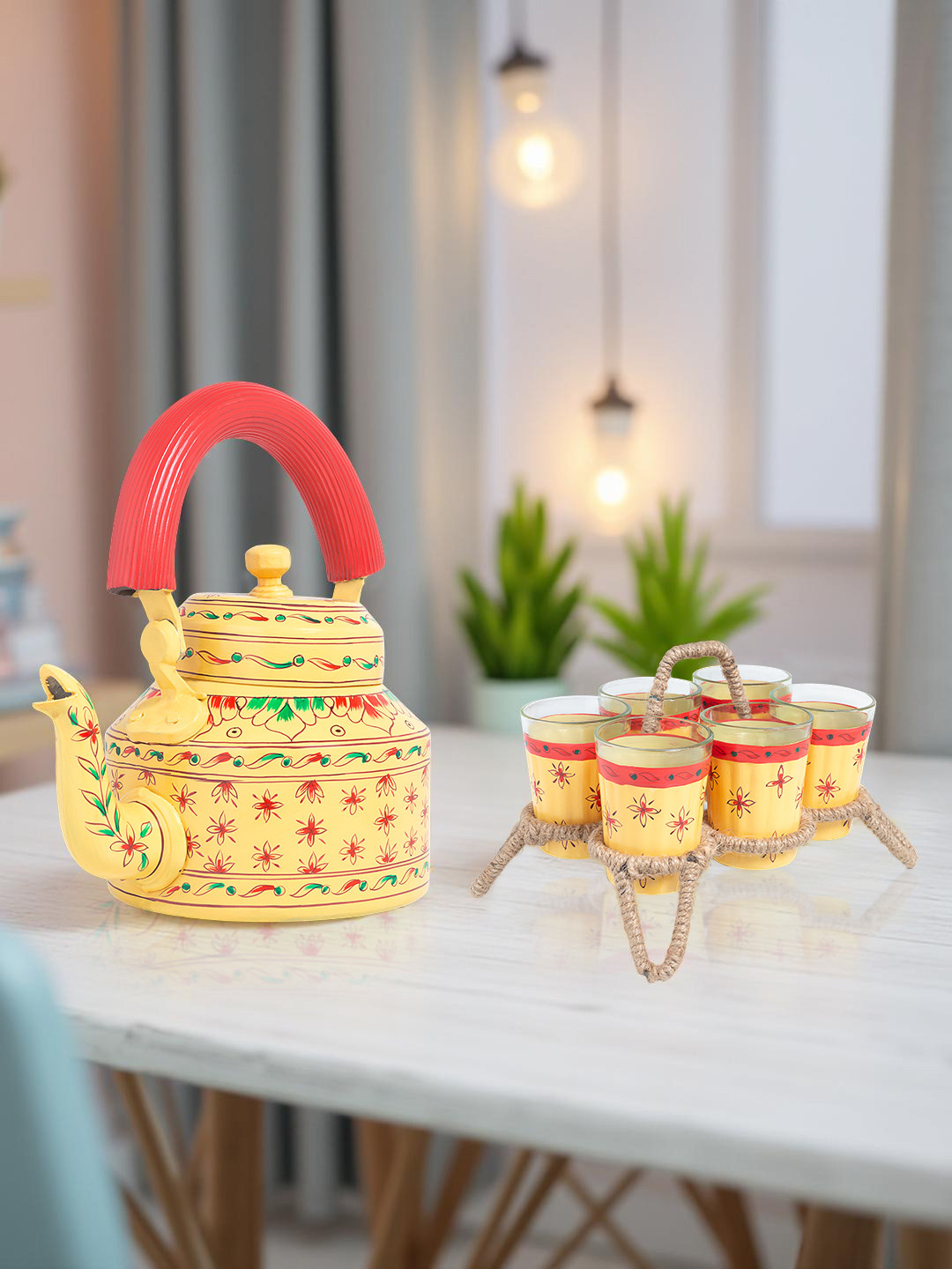 Golden Peacock 8 Pieces Yellow & Red Printed Kettle Glasses and  Holder