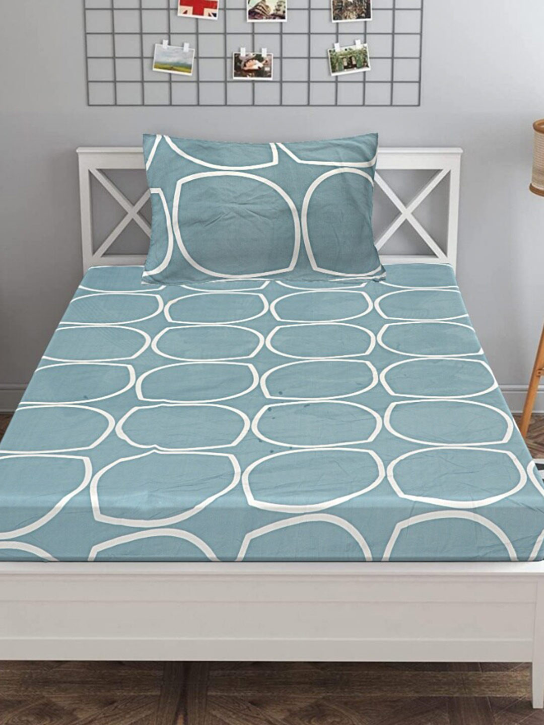 INDHOME LIFE Turquoise Blue Geometric Cotton 210 TC Fitted Single Fine Bedsheet with a Pillow Cover-152 x 228 cm
