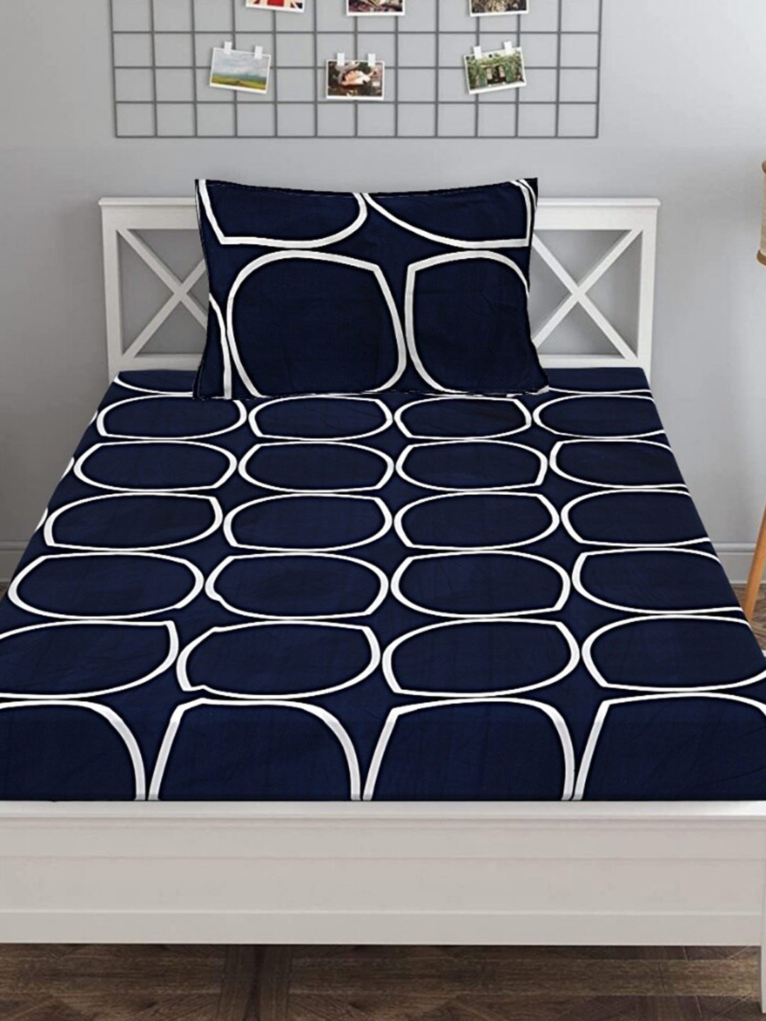 INDHOME LIFE Blue Geometric Cotton 210 TC Fitted Single Fine Bedsheet with a Pillow Cover-60 x 90 inches