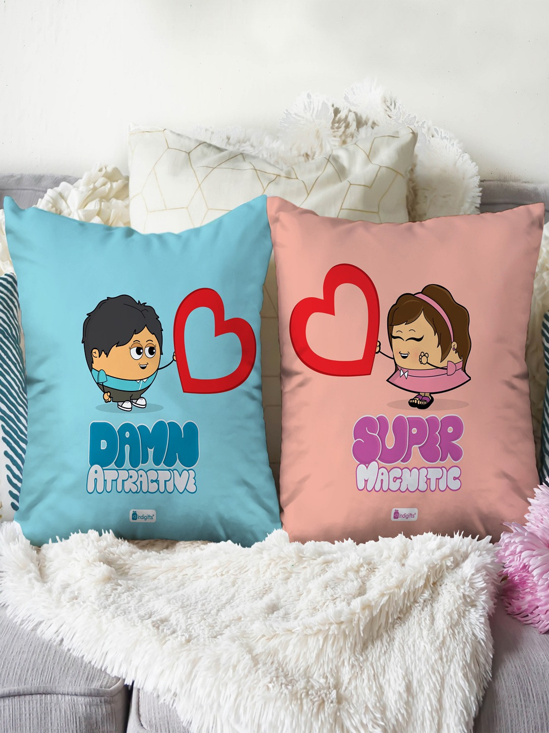 Indigifts Blue & Pink 2 Pieces Love Printed Cushions with Filler