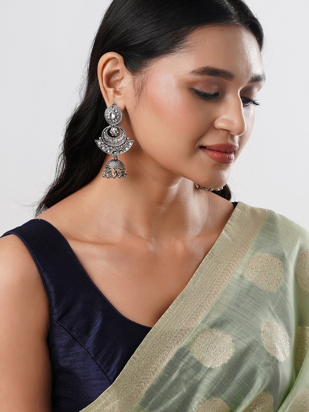 Anouk White Brass-Plated Stone Studded & Beaded Floral Jhumkas